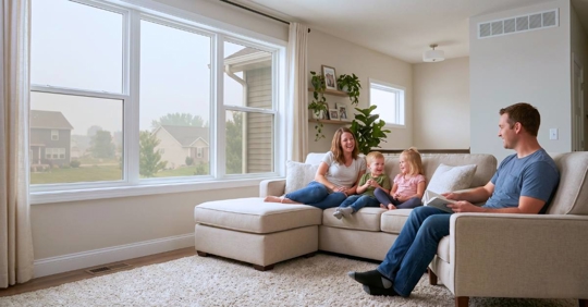A family relaxing comfortably inside a clean, bright living room