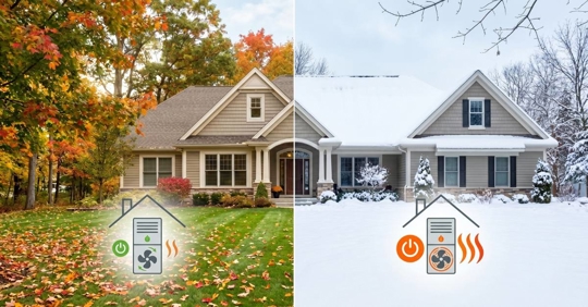 Split image of a house during fall and winter, with furnace graphic overlay